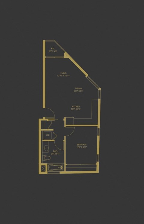 Floor plan for 1 bed, 1 bath, 849 sqft